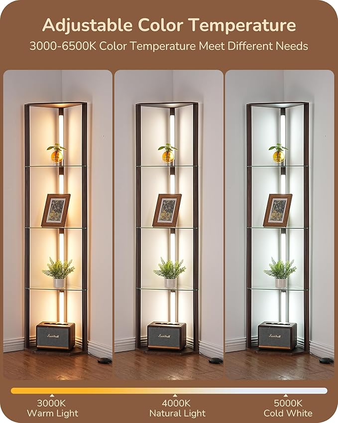 EDISHINE Floor Lamp with Shelves, 5-Tier Glass Display Shelf with Remote/Foot Control, 5CCT & Dimmable Corner Shelf Lamp, Open Display Cabinet, Floor Lamps for Living Room, Bedroom, Walnut Color