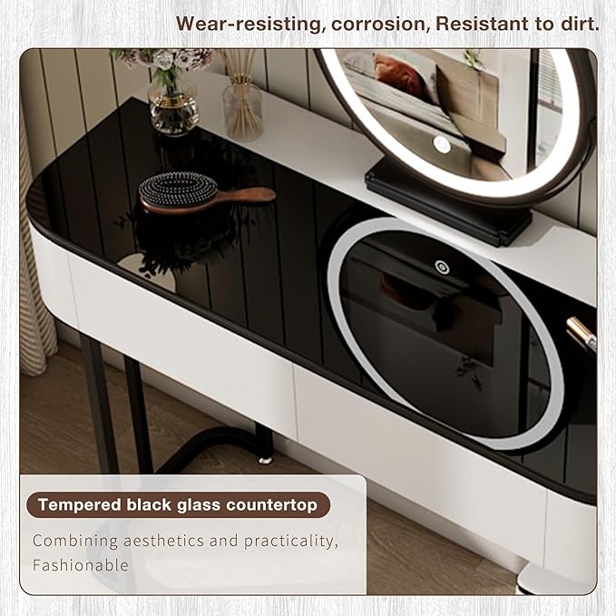 Small Vanity Desk with Mirror and Lights| Modern Makeup Vanity Table with Adjustable Nightstand and 4 Storage Drawers| Black and White Dressing Table for Bedroom Space