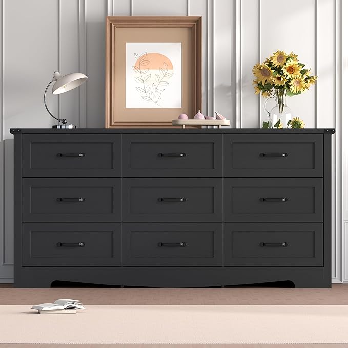 Black Dresser for Bedroom, 59'' Wide Chest of Drawers with Natural Wood Texture, 9 Drawer Dresser for Closet with Metal Handles, Sleek Storage Solution for Living Room, Office, Hallway