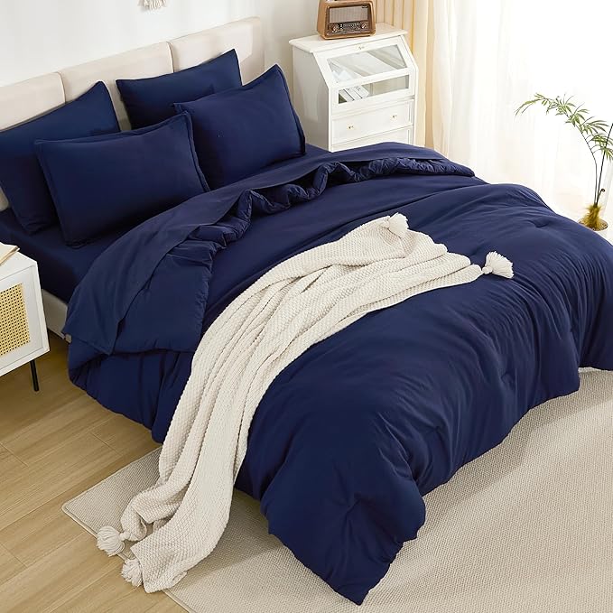 Litanika Super King Comforter Sets Navy Blue - 7 Pieces Bed in a Bag Oversized King Bedding Comforter Sets, Solid Lightweight Bed Set with Comforter, Sheets, Pillowcases & Shams