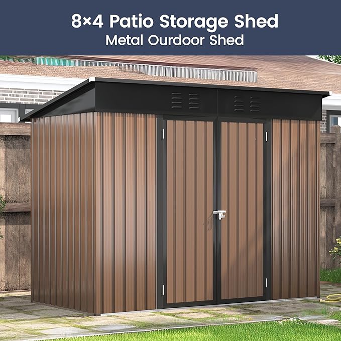 UDPATIO Outdoor Storage Shed 8x4 FT, Outside Sheds & Outdoor Storage Metal Galvanized Steel Yard, Patio, Lawn, Tool Shed with Lockable Door for Can, Bike, Lawnmower, Generator,Brown