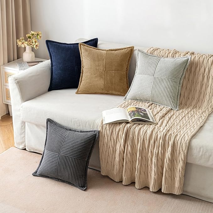 MIULEE Decorative Throw Pillow Covers for Couch Bed Livingroom 16x16 Inch Set of 2 Brown Boho Accent Throw Pllows Broadside Striped Patchwork Soft Corduroy Pillowcases