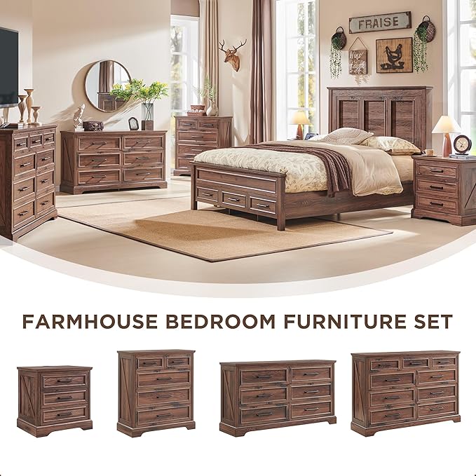 Farmhouse 9 Drawer Dresser for Bedroom, 36 Inch Tall Modern Dresser TV Stand with Large Drawers & Bar Handles, Rustic Wood Chest of Drawers for Bedroom, Living Room, Hallway, Brown