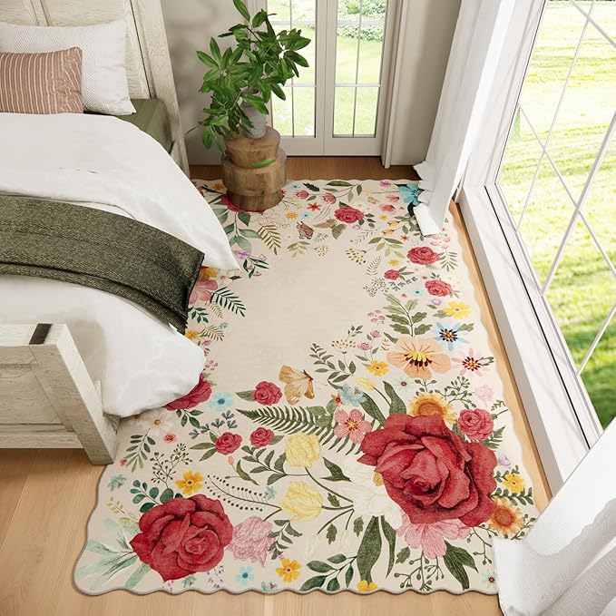 Floral Washable 6'x9' Area Rugs for Bedroom, Soft Lightweight Rug for Living Room Non Slip Dining Room Beige Rug, Stain Resistant Boho Vintahe Easy Clean Throw Carpet for Office
