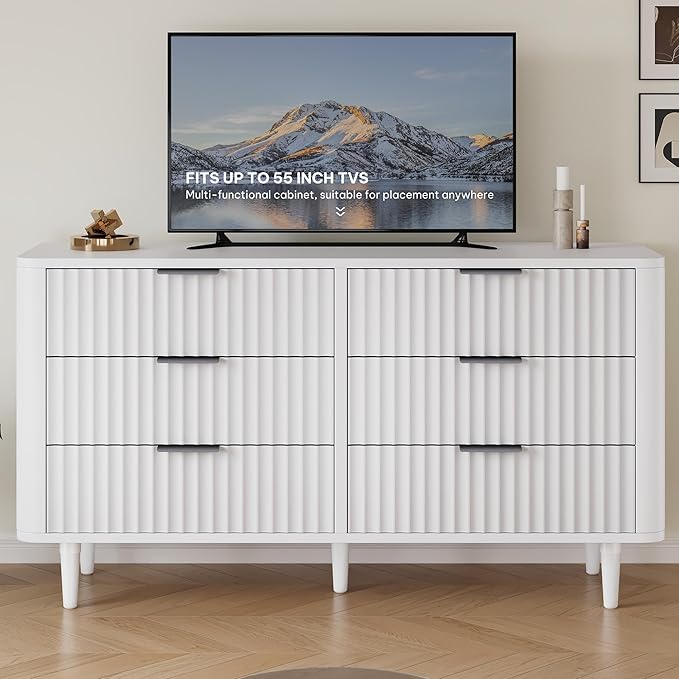 DWVO 6 Drawer Dresser with Waveform Fluted Panel, Wider Modern Closet Dressers Chest of Drawers, Wood Storage Dresser Organizer for Dorms, Flats, Hallways, White