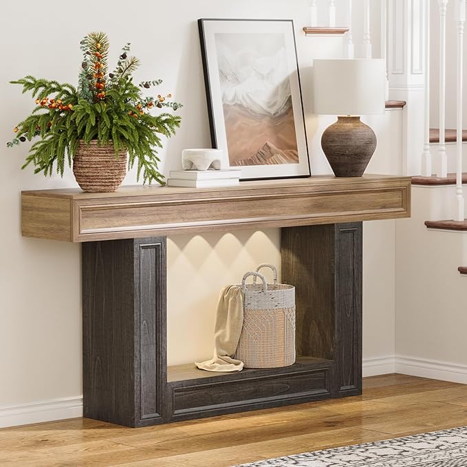 Rresyet 63" Console Table, 2-Tier Entryway Table with Sensor Lights, Coffee Table Behind The Sofa, with U-Shaped Base Suitable for Entryways, Living Rooms, Corridors, and Foyers(Wood)