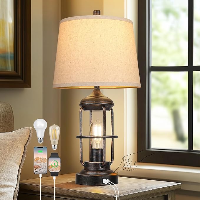 QiMH Table Lamp for Living Room with USB A+C Ports, Farmhouse Bedside Lamp with Nightlight, 3-Way Dimmable Touch Control, Retro Industrial Nightstand Lamp for Bedroom, Bulbs Included, Bronze