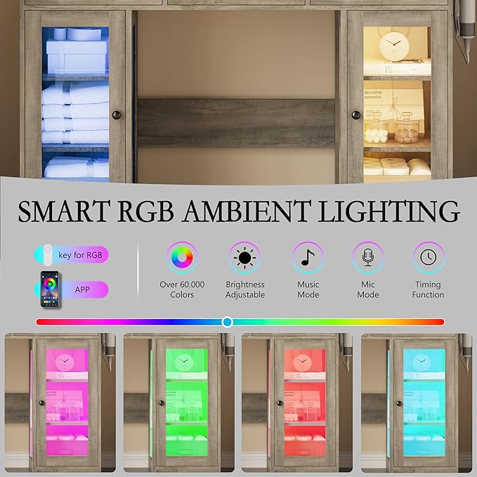 Makeup Vanity Desk with Mirror and Lights, Glass Top Vanity Table Set with Drawers & Power Outlet, Large Dressing Table with 3 Color Lighting Modes & RGB Cabinets for Women Girls Kids Bedroom, Grey