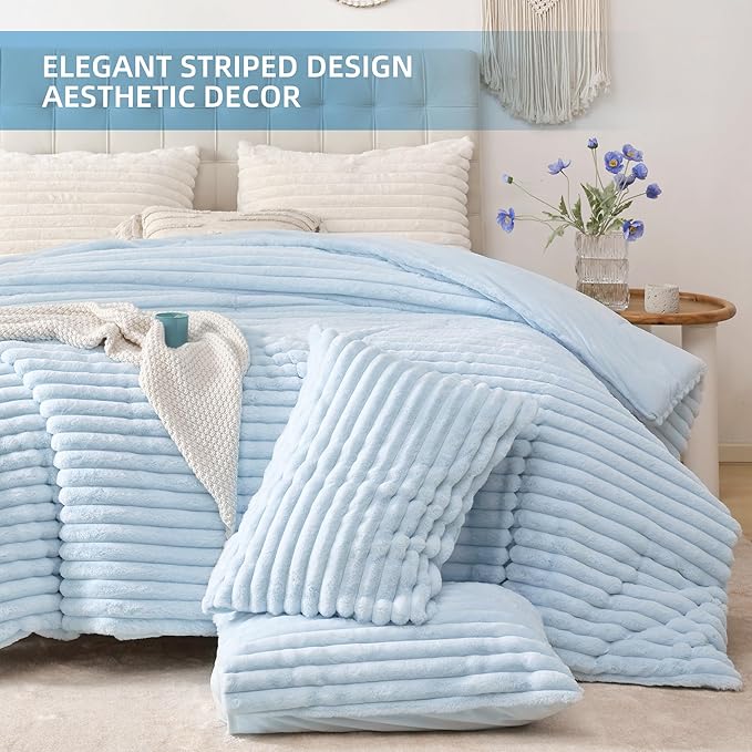 Smoofy Fluffy King Size Comforter Set 3 Pieces - Light Blue Fleece Fluffy Comforter Set, Luxury Fuzzy King Bedding Set, Soft King Bed Set All Season, Heavy Faux Fur Comforter with 2 Pillow Cases