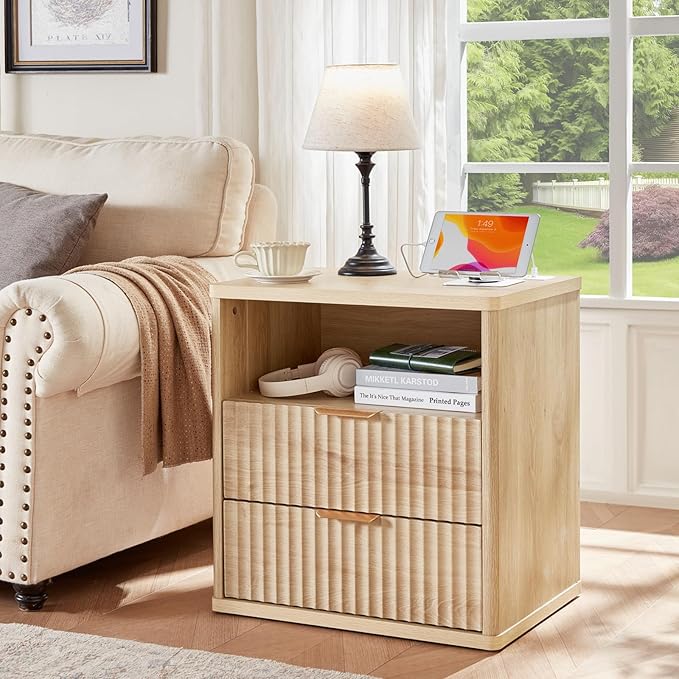 LEYAOYAO Fluted Nightstand with Charging Station, 23" Wide 2 Drawers End Table, Natural Night Stand with Open Storage Cabinet, Farmhouse Bed Side Tables, Wood Dresser for Bedroom, Living Room, Closet