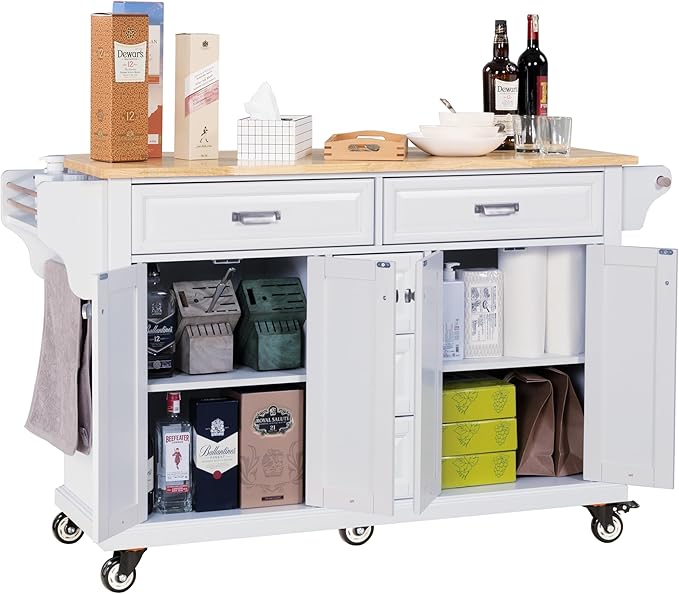 Generic 60.5"" Kitchen Island on Wheels, Rolling Island Table for Kitchen with Double Storage Cabinet and 5 Drawers, Portable Kitchen Cart with Rubber Wood Top, White, Large