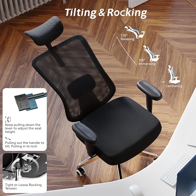 Ergonomic Office Chair with Adjustable Lumbar Support & Flip-Up Armrests - High Back Computer Desk Chair with Thickened Seat Cushion, Rolling Wheels for Home/Office Study Work (05black)