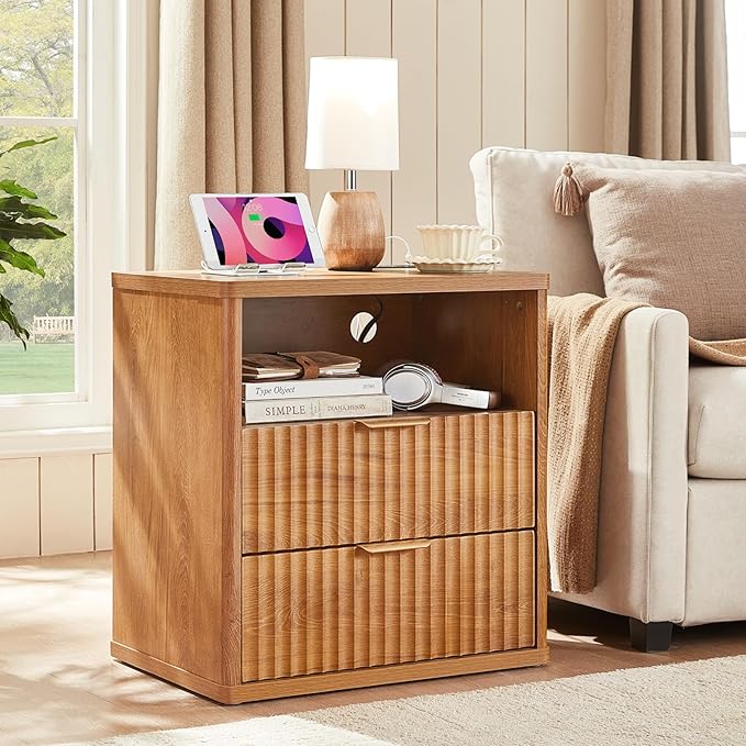 LEYAOYAO Fluted Nightstand Set of 2 with Charging Station,23" Modern Nightstand with Woodgrain Top, 2 Drawer End Table w/Storage, BedsideTables for Bedroom, Living Room, Curved Profile,Brown