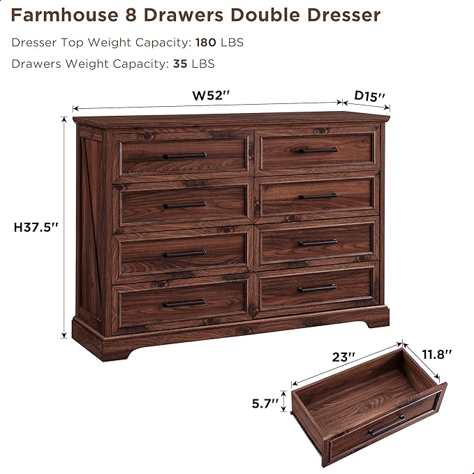 Farmhouse 8 Drawers Dresser Chests for Bedroom,52" Wide Wood Rustic Chest of Drawers with Metal Handle,Natural Texture,Drawer Organizer for Bedroom,Living Room,Hallway and Entryway,Brown