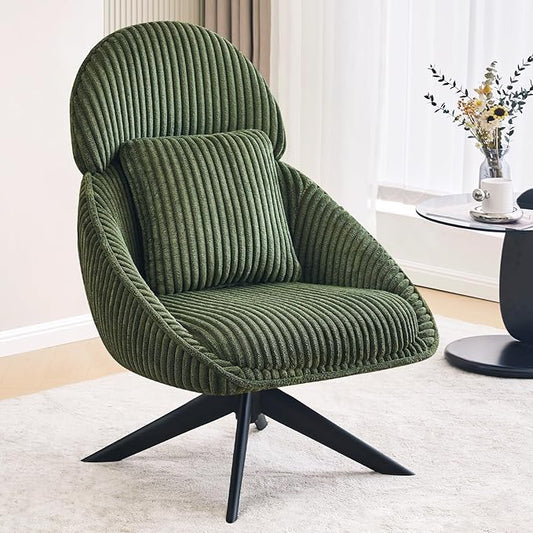Furniliving Upholstered Swivel Accent Chair for Living Room, Modern Armchair Side Chair with Headrest Bedroom Chair with Metal Legs Comfy Sofa Chairs with Pillow, Large, Corduroy, Green