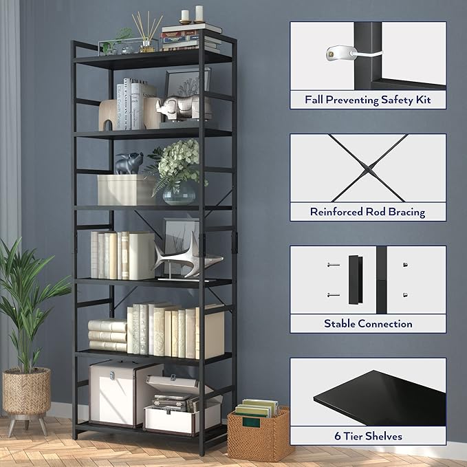 NUMENN 6 Tier Bookshelf, Tall Bookcase Shelf Storage Organizer, Modern Book Shelf for Bedroom, Living Room and Home Office, Black