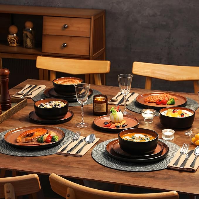 vancasso Plates and Bowls Sets, 18 Pieces Stoneware Dinnerware Sets for 6, Kitchen Dish Set Mircowave and Dishwasher Safe Dinner Set Ceramic Dishware, Brown, Series AMBER