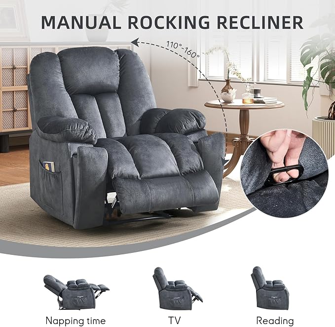 Phoenix Home Manual Recliner Chair for Adults with Massage and Heat, Overstuffed Fabric Reclining Chair, Oversized Recliners with 2 Cup Holders and Side Pockets for Living Room, Bedroom, Dark Grey