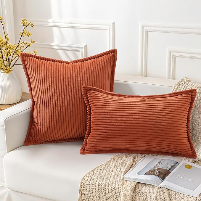 Mecatny Corduroy Fall Throw Pillow Covers 16x16 Set of 2, Neutral Decorative Soft Burnt Orange Boho Couch Pillow Covers with Broadside for Sofa Living Room, Rust