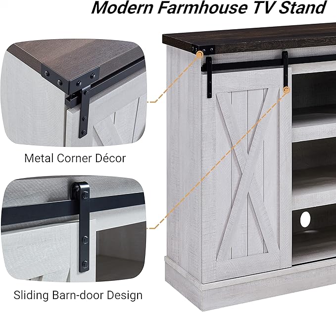 Farmhouse Sliding Barn Door TV Stand for TV up to 65 Inch Media Console Table Storage Cabinet Wood Entertainment Center Ranch Rustic Style Gray