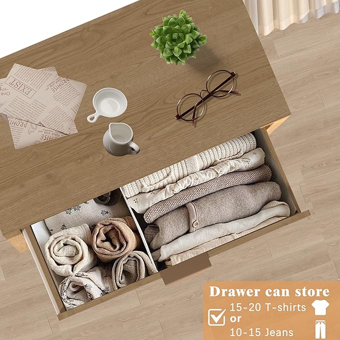 Wood 5 Dresser for Bedroom, Wide Rattan Drawer with Gold Handle for Bed Room, Hallway, Rustic Oak