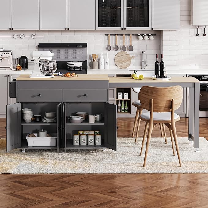 74.5" Rolling Kitchen Island on Wheels with Extendable Dining Table, Storage Cart with 2 Drawers, 4 Door Cabinet, Spice Rack for Kitchen, Dining Room, Grey