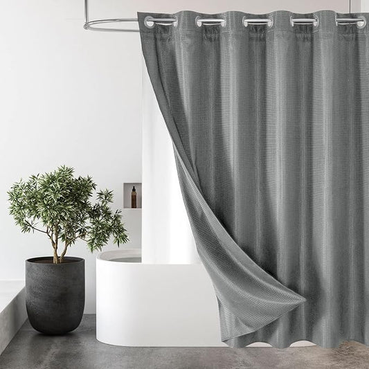 MitoVilla No Hooks Needed Grey Waffle Shower Curtain Set with Snap-in Liner, Modern Waffle Weave Heavy Duty Fabric Cloth Shower Curtain for Luxury Neutral Hotel Spa Bathroom Decor, 72 x 74