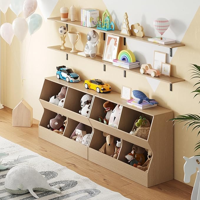 DINZI LVJ Kids Bookshelf, Toy Storage Organizer, Wooden Toy Storage Cabinet, 4 Cubby Children Bookcase, 43.3" L Toddler Book Shelf for Bedroom, Nursery, Hallway, School, Natural