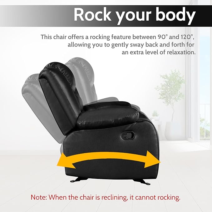 PrimeZone Oversized Rocker Recliner Chair - Comfy Wide Lazy Boy Recliner Chair with Overstuffed Armrest, Faux Leather Manual Reclining Chairs for Living Room, Bedroom, Home Theater Seating, Black