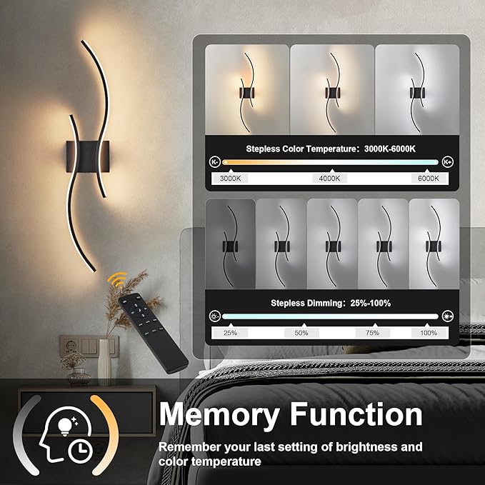 Battery Operated Wall Sconces with Remote Control, Stepless Colors 3000K-6000K & Dimming, LED Black Wireless Wall Light for Living Room, Hallway, Bedroom, 27.5 Inch (1 Pack)