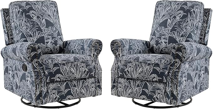 HULALA Home Rocker Recliner Set of 2, Modern Printed Fabric Swivel Glider with Adjustable Backrest & Footrest, Upholstered Manual Recliner Chair Home Theater Singe Sofa for Living Room Bedroom, Navy