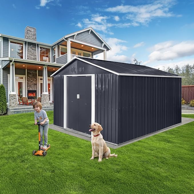 11x10.6 Ft Outdoor Storage Shed, Heavy-Duty Metal Shed with Windows & Secure Lockable Doors, Ideal Storage Shed for Outdoor, Patio, Garden, and Backyard, Black