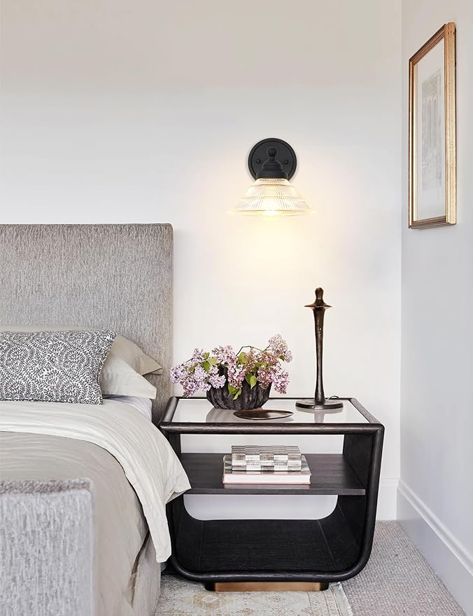 Vintage Wall Sconce 1-Light with Clear Ribbed Glass Shade, Industrial Hardwired Wall Light Fixture for Bedside Living Room Vanity Bathroom Hallway