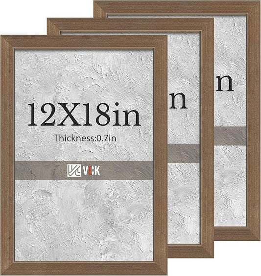 VCK 12x18 Brown Picture Frames 3 Pack, High-End Wood Wide Border Poster Frame, Multi-Directional Display Family Photos, Office Prints, Studio/Gallery/Home Artwork