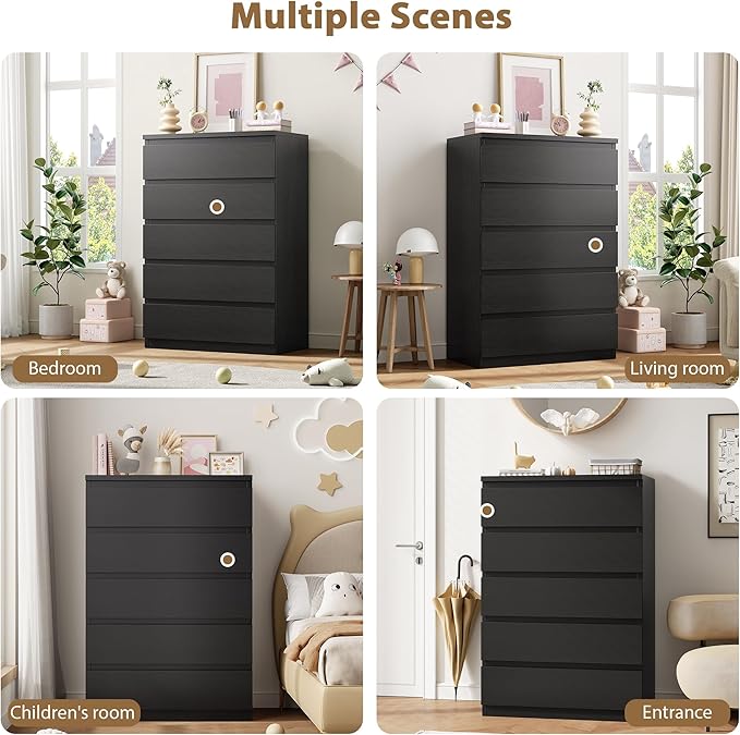 Black 5 Drawer Dresser for Bedroom, 15" D x 23.7" W x 40.4" H in Simply Chest of Drawers, Wood Storage Dresser with Drawers for Living Room Hallway Entryway, Black