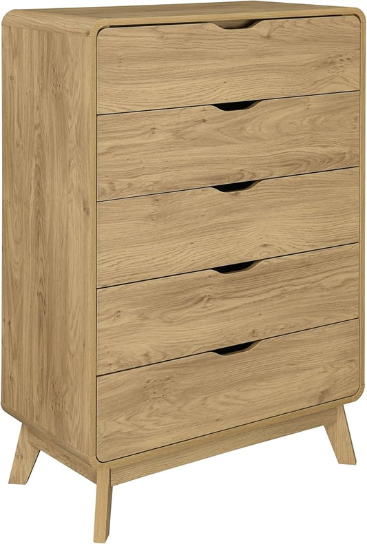 Meadow 5 Drawer Dresser for Bedroom, 47.2″ H Modern Wide Chest of Drawers, Wood Storage Organizer for Clothes, Entryway, Hallway, Nursery or Living Room, Oak