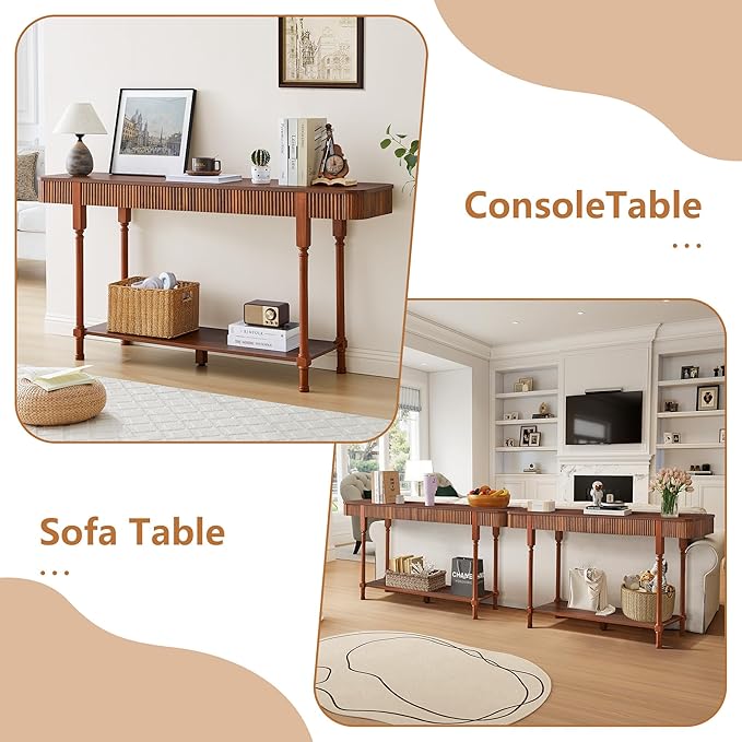 63”Console Table with 2 Drawers,Retro Entryway Table with Fluted Panel & Storage Shelf,Narrow Long Behind Couch Tables Accent Sofa Table with Solid Wood Legs for Living Room Foyer Hallway(Walnut)
