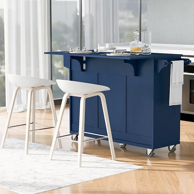 53.2'' Kitchen Island with Drop Leaf, Kitchen Storage Cart with Spice Rack, Towel Rack and 2 Drawers, Rolling Kitchen Island on Wheels with Adjustable Shelves for Kitchen, Dining Room, Navy Blue