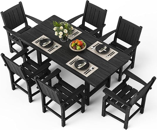 7-Piece HDPE Outdoor Dining Set, Wood-Like Design Outdoor Table and Chairs with Elegant Armrest, All-Weather Patio Table and Chairs Set with Umbrella Hole for Porch, Poolside, Black