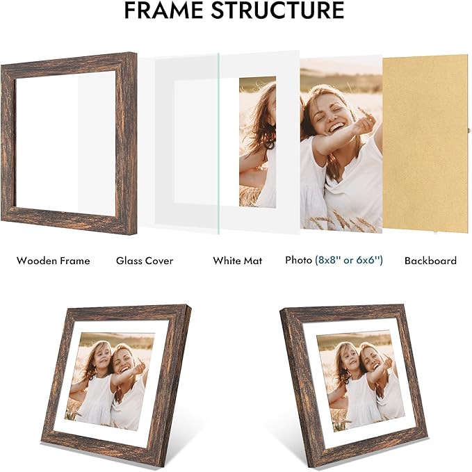 8x8 Picture Frame with Glass, Display Pictures 6x6 with Mat or 8 x 8 without Mat - Wall and Tabletop, 8 by 8 Photo Wooden Frames (Rustic Brown, 1 Pack)