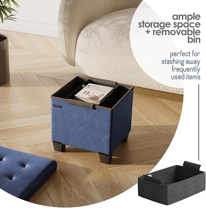 STORAGEBUD Storage Ottoman Cube with Small Bin, 16-in Square Ottoman with Storage for Living Room and Bedroom, Small Ottomans Foot Rest, Faux Leather Foot Stools Ottomans Max 330lbs, Blue