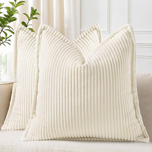 decorUhome Corduroy Cream White Throw Pillow Covers 26x26 Set of 2 Decorative Soft Boho Striped Neutral Euro Farmhouse Couch Pillow Covers with Broadside for Living Room Bed Sofa