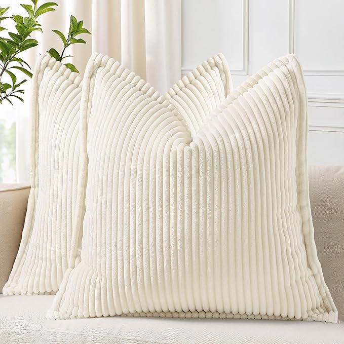 decorUhome Corduroy Cream White Throw Pillow Covers 18x18 Set of 2 Decorative Soft Boho Striped Neutral Euro Farmhouse Couch Pillow Covers with Broadside for Living Room Bed Sofa