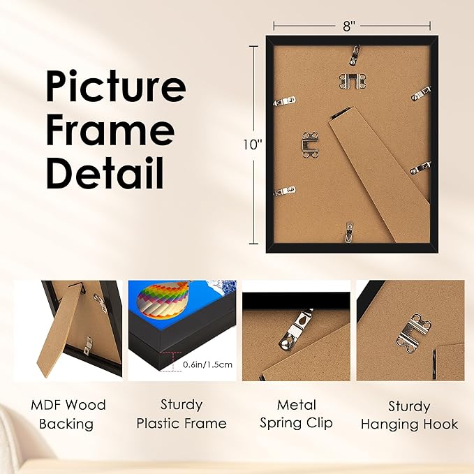 FIXSMITH 8x10 Picture Frame, Black Photo Frame with HD Plexiglass, Display Pictures 5x7 with Mat or 8x10 Without Mat, Picture Frames Collage for Tabletop or Wall Display, 1 Pack