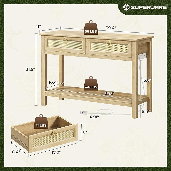 SUPERJARE Rattan Console Sofa Table with Outlets and USB-C Port, 2 Drawer Entryway Table with Synthetic Rattan Surface, 39 Inch, Open Shelf, Behind Couch Entry Foyer Hallway Storage, Natural