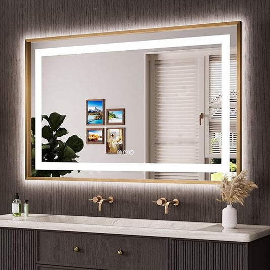 Amorho 48"x 30" Gold LED Bathroom Mirror, Metal Framed Mirror with Front Light and Backlit, Stepless Dimmable, Anti-Fog, Shatter-Proof, Memory, 3 Colors