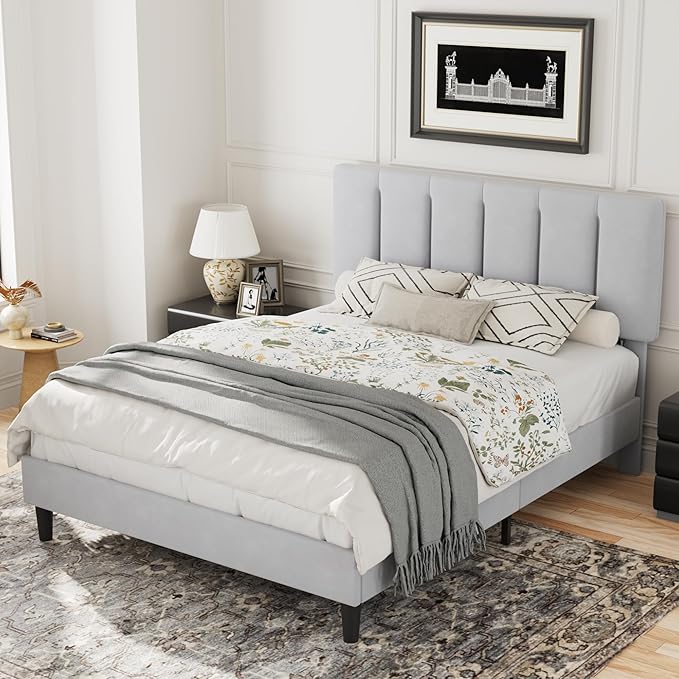 VECELO Queen Bed Frame with Upholstered Headboard, Heavy-Duty Platform Bedframe with Strong Wooden Slats Support, No Boxing Spring Needed, Light Grey