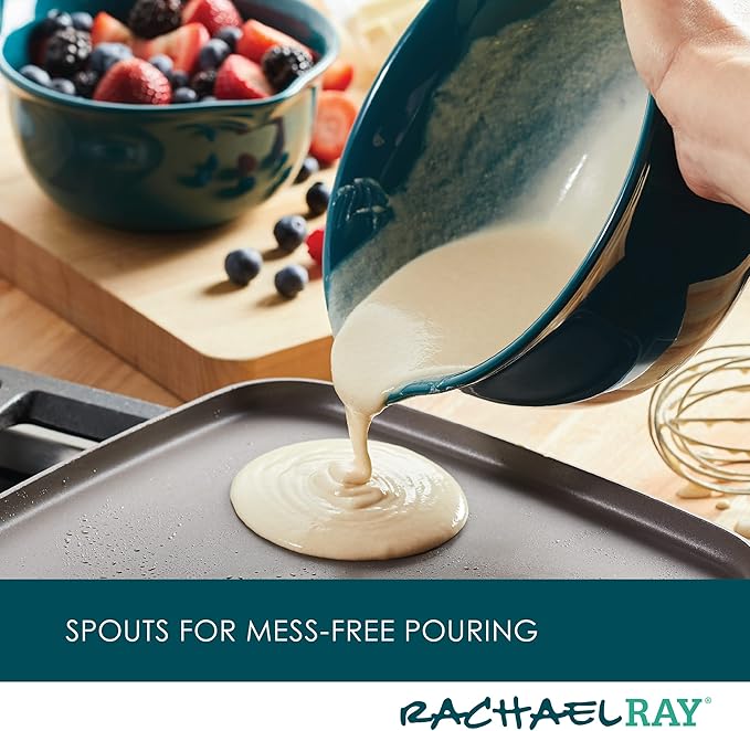 Rachael Ray Ceramics Nesting Mixing Bowl Set with Pour Spout, 1 Quart and 2 Quart, Teal