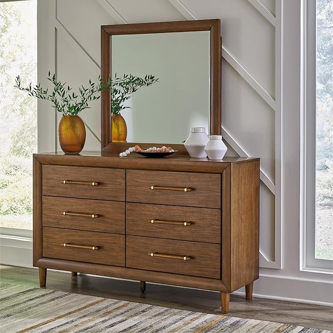 Signature Design by Ashley Lyncott Mid-Century Modern 6-Drawer Dresser and Mirror with Safety Stop and Felt-Lined Top Drawer, Light Brown