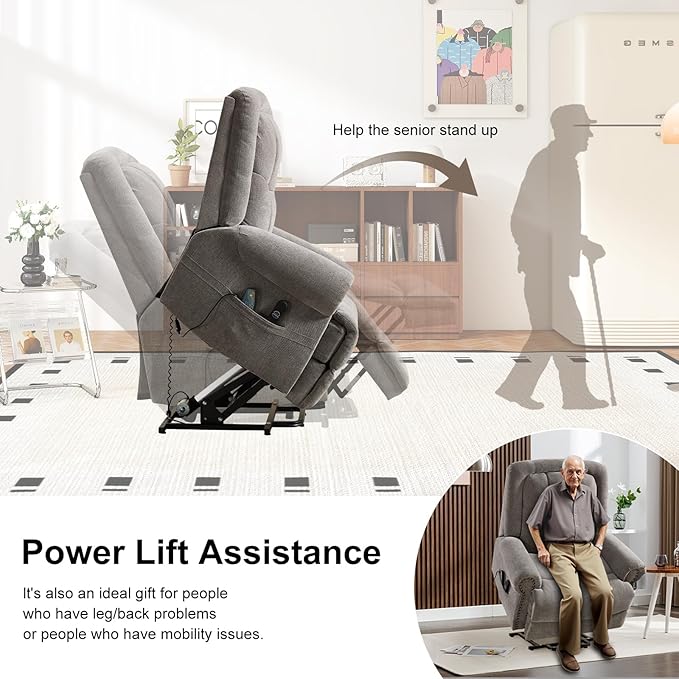 Oversize Power Lift Recliner with Massage and Heat for Adult, Reclining Chair for Living Room Bedroom, Ergonomic Electric Wider Chair with USB Port and Side Pocket (1, Gary)